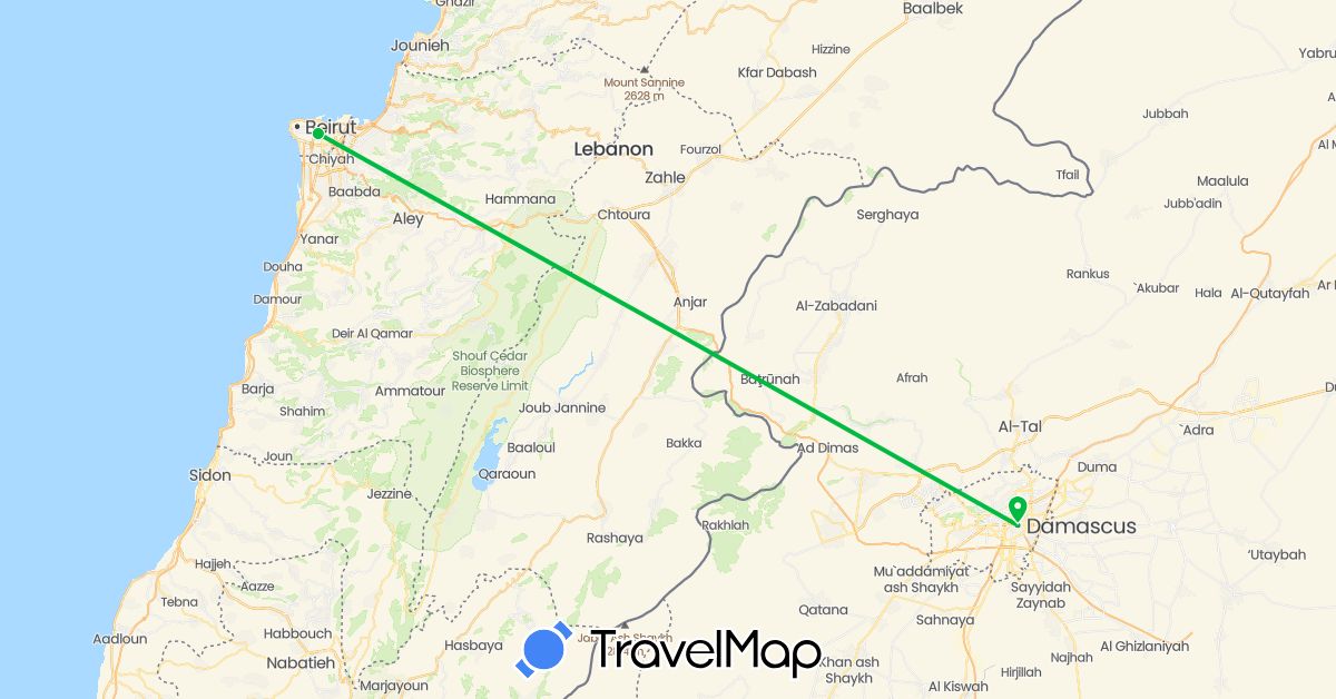 TravelMap itinerary: driving, bus in Lebanon, Syria (Asia)